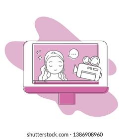Simple line art composition of display and  blogging. Video blogger vector illustration.Great for web,cards etc.