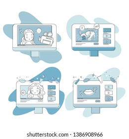 Simple line art composition of displays and blogging. Set of different illustrations about beauty and fashion blogging. Great for web,cards etc.