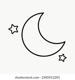 Simple line art of a crescent moon with two stars. Minimalist moon and stars design. Black and white moon illustration. Moon and stars in a clean style. Line art illustration vector.