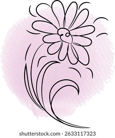 Simple line art daisy flower illustration with pink watercolor background on white.