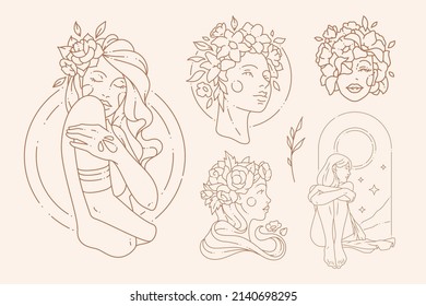 Simple line art deco female decorated by blossom flowers on head posing at abstract frame logo set vector illustration. Beauty woman elegant hand drawn spring floral monochrome icon isolated on white