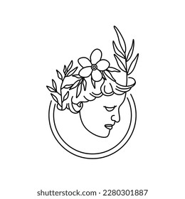 Simple line art deco female decorated by leaves vector illustration. Beauty woman elegant hand drawn spring floral black icon isolated on white