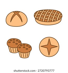 Arte de línea simple Delicioso pan de hornear y pasteles Ilustración de comida dulce