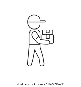 Simple line art delivery man vector illustration isolated on white background. Delivery man line icon