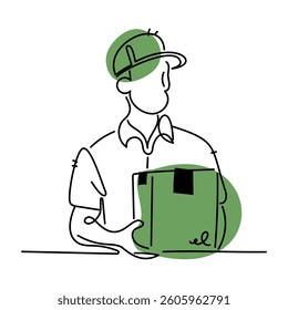 Simple line art of a delivery man in uniform holding a parcel, ideal for logistics, shipping, and courier service concepts. Minimalist Delivery Man Holding Package Illustration
