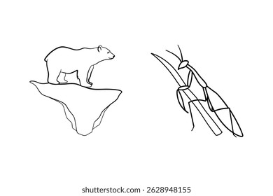 Arte em linha simples retratando um urso polar no gelo e um louva-a-deus em branco