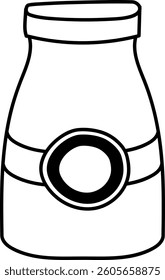 A simple line art depiction of a bottle featuring bold outlines and a central circular emblem. Emphasizes minimalist design with clean contours, showcasing a modern and straightforward aesthetic.