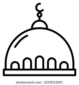 Simple line art depicts a mosque dome and crescent symbol representing Islam for religious or cultural designs and illustrations.