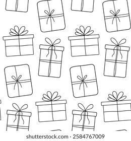 Simple line art design of gift boxes in a repeating pattern suitable for various uses