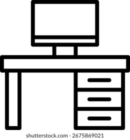 Simple line art of a desk with a computer screen, office workspace icon.