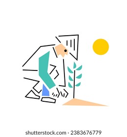 Simple line art. A diligent and passionate farmer lovingly planting seedlings.