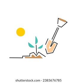 Simple line art. A diligent and passionate farmer lovingly planting seedlings.