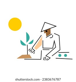 Simple line art. A diligent and passionate farmer lovingly planting seedlings.