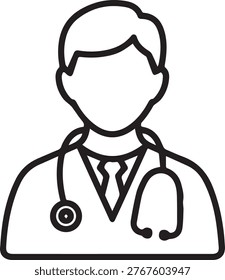 Simple line art doctor icon featuring a stethoscope and medical attire.