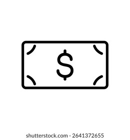 Simple line art dollar bill icon. Black and white illustration.