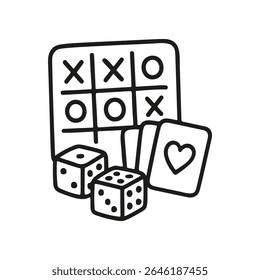 A simple line art doodle features a tic-tac-toe game board, two dice, and three playing cards, creating a playful and fun vector