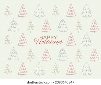 Simple line art doodle isolated christmas tree, snowfalkes, background decorative abstract modern minimalist illustration, happy holidays festive new year design holiday card banner pattern, hand draw