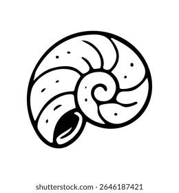 Un dessin en ligne simple montre une coquille de nautilus avec des chambres en spirale et un dessin en pointillés. Graphique d'Image vectorielle de style dessiné à la main pour la conception sur le thème de l'océan ou de la nature