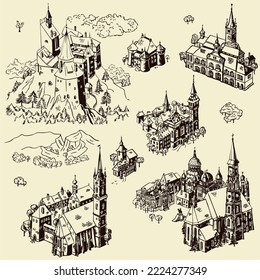 Simple line art draw with cities, towns, buildings and landmarks from Europe