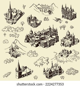Simple line art draw with cities, towns, buildings and landmarks from Europe