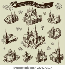 
Simple line art draw illustrations with temples and churches