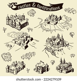 Simple line art draw illustrations with castles and fortifications 