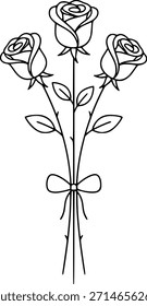 Dibujo de arte de línea simple de un hermoso ramo con tres flores de rosa atadas con una cinta