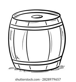 A simple line art drawing of a classic wooden barrel with metal hoops isolated on a white background
