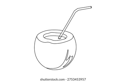 Simple line art drawing of a coconut with a drinking straw