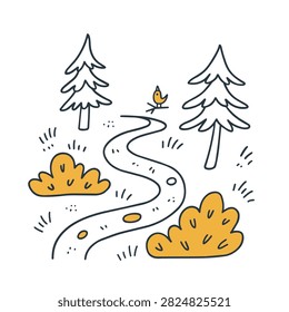 A simple line art drawing of a curved trail leading through a forest with pine trees, orange bushes, and a small bird perched on a branch.