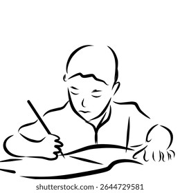Un simple dibujo artístico representa a una persona centrada en escribir o estudiar, con un bolígrafo en la mano y su mirada dirigida hacia abajo en una superficie, lo que sugiere concentración.