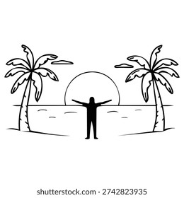 Simple line art drawing depicts a silhouetted figure with arms outstretched, between two palm trees, against a setting sun over ocean waves. Vector illustration.
