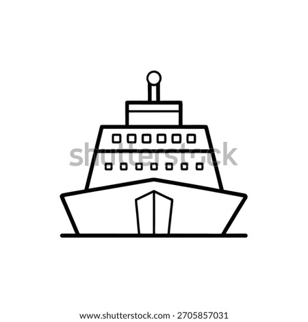 Simple line art drawing of the front facade of a contemporary cruise ship, isolated on a white background. Features include windows, deck, and a mast. Minimalist design, clean lines, vector graphic.