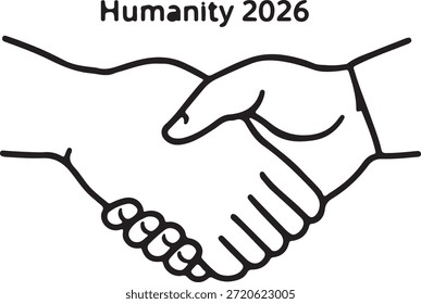 Dibujo simple de un apretón de manos con el texto de humanidad 2026. 