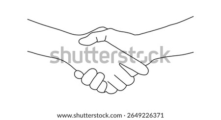 Simple Line Art Drawing of a Handshake - Agreement and Partnership Concept. A minimalist black and white line art illustration depicting two hands in a handshake, symbolizing agreement, partnership.