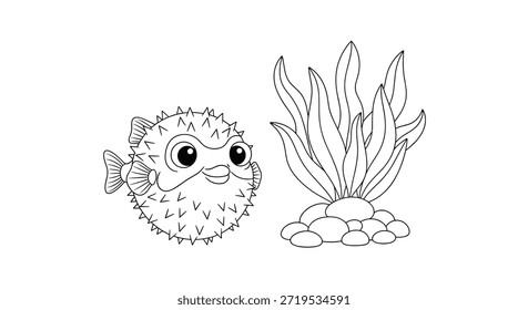 Dibujo de línea simple de un pez globo puntiagudo redondo nadando junto a un grupo de algas marinas frondosas que crecen de una pila de piedras lisas.