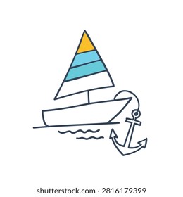 A simple line art drawing of a sailboat featuring blue and yellow sail segments accompanied by a classic ship anchor on a white background