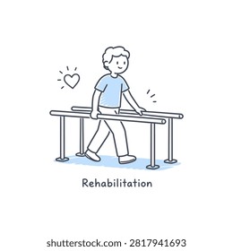 A simple line art drawing showing a patient undergoing physical therapy using parallel bars to regain mobility and strength during medical rehabilitation