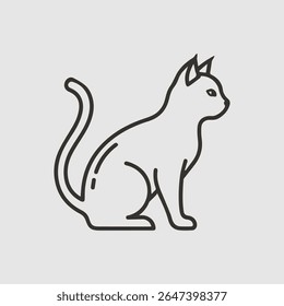 Desenho de arte de linha simples de um gato sentado de frente para a direita contra um fundo cinza claro