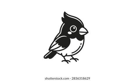 A simple line art drawing of a small cardinal bird with a crest, large eyes, and rounded body shape in a flat graphic style