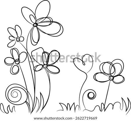 Simple line art drawing of stylized flowers and grass. Perfect for coloring pages, cards, or minimalist designs.