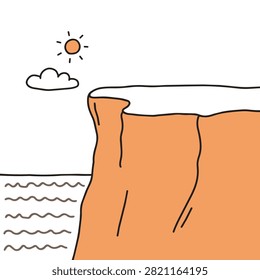 A simple line art drawing of a tall orange cliff face overlooking the ocean with a sun and cloud in the sky.