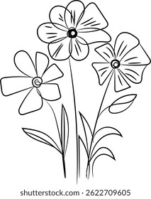 Dibujo de línea simple de tres flores estilizadas con hojas, perfecto para colorear páginas, invitaciones o diseño textil.
