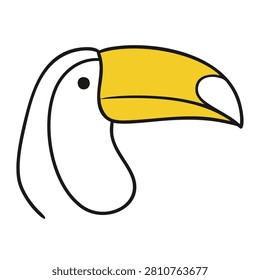 A simple line art drawing of a toucan head with a yellow beak isolated on a white background