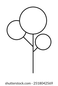 Un simple dibujo de línea de un árbol con tres hojas circulares en las ramas. Ideal para temas de naturaleza, decoración minimalista, diseños de Arte vectorial, libros infantiles y patrones textiles. Manguera en blanco y negro