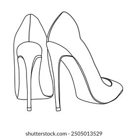 A simple line art drawing of two high-heeled women's shoes with pointed toes, Technical sketch hand drawing outline vector doodle illustration, rear view isolated on white background