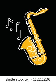 Simple line art drawn saxophone with notes isolated on black. Vector jazz illustration.