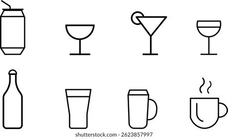 Simple Line Art of drink, beverage, cocktail, beer, soda, can, bottle, glass, cup, mug, coffee, tea vector on white background