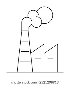Simple line art of a factory with a tall chimneystack releasing visible smoke. Ideal for clean design, industry, pollution awareness, environmental themes, and urban landscapes. Black and white