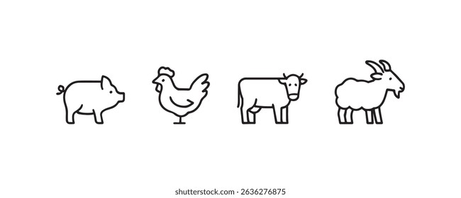 Simple line art of farm animals: pig, chicken, cow, goat.